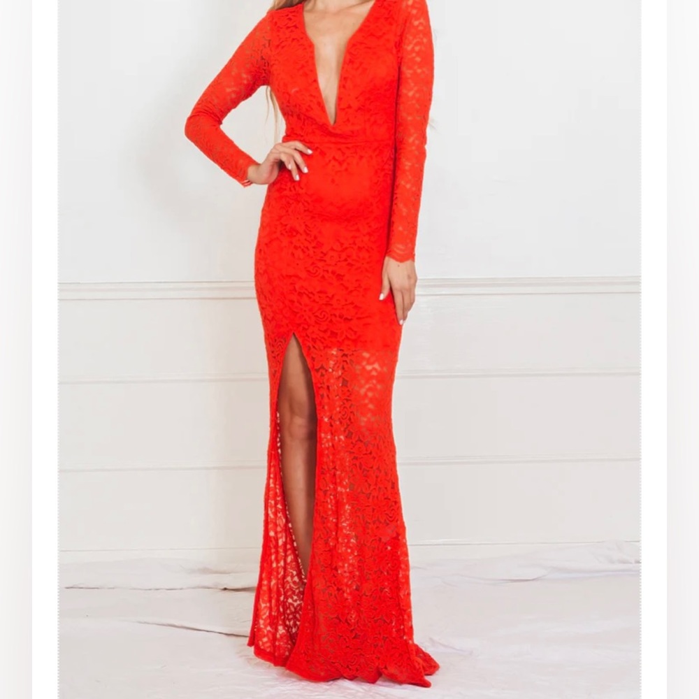 Women’s coral/orange long lace dress with thigh slit